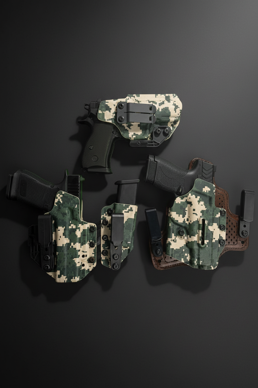Three tactical handgun holsters in different colorways (black, digital camouflage, and brown camouflage) arranged on a white background.