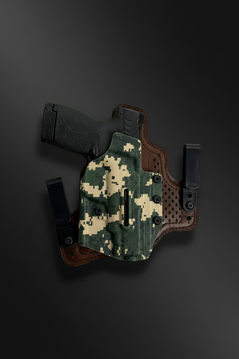 A tactical holster featuring a green and beige digital camouflage pattern with brown leather trim, shown holding a black handgun against a plain white background.