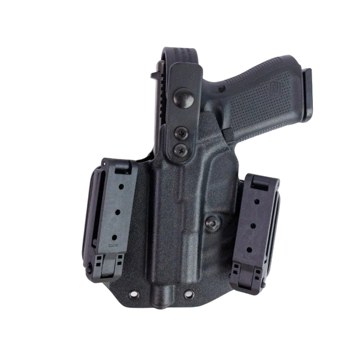 Black gun holster with a gun inside on a white background