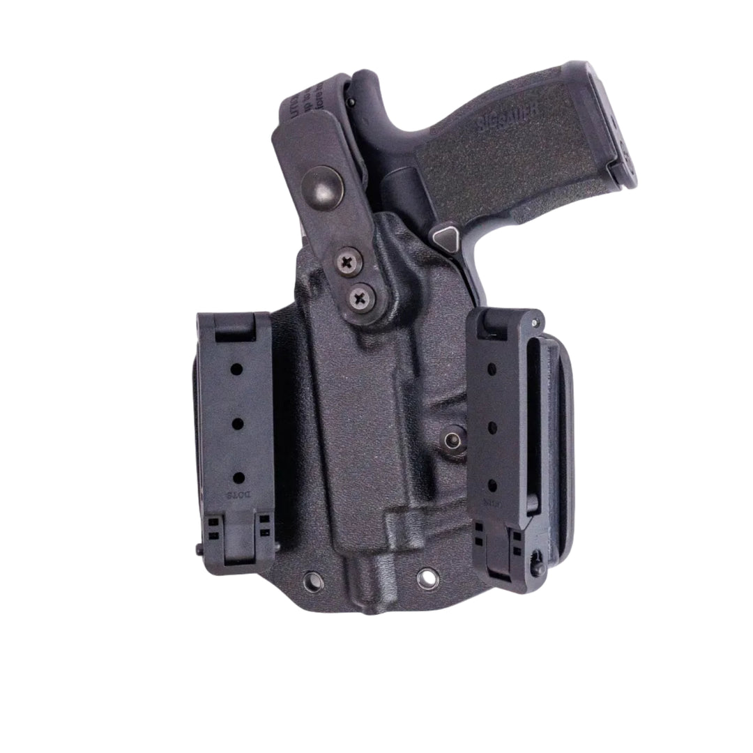 Black gun holster with a gun inside on a white background