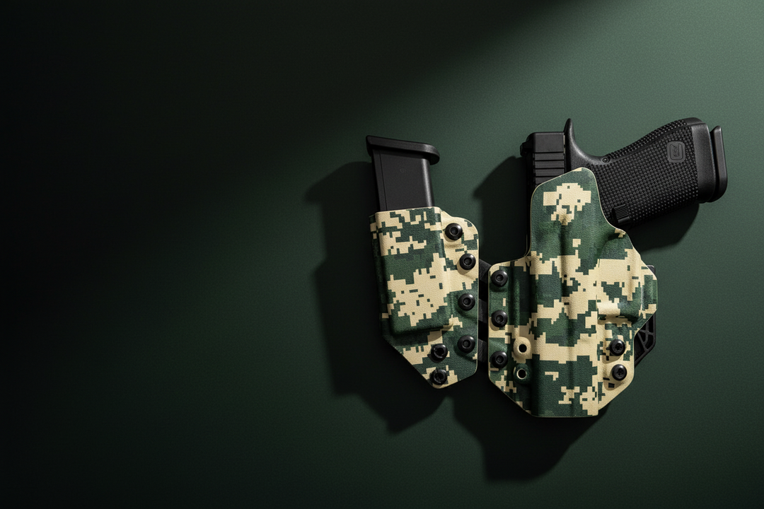 A digital camouflage tactical holster shown with a black handgun, magazine, and belt clip against a plain white background.