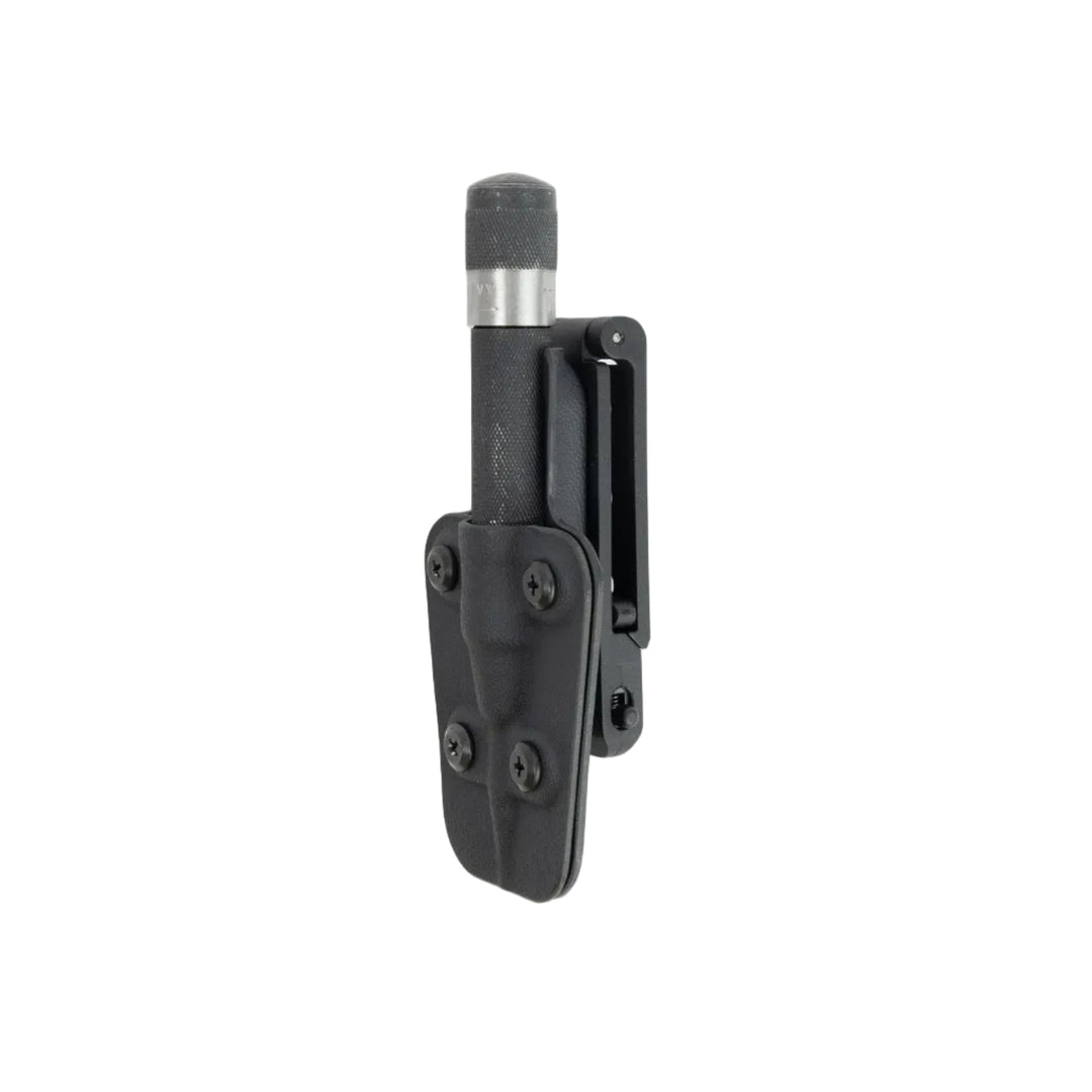 Black tactical knife sheath on a white background