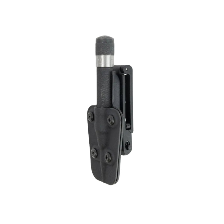 Black tactical knife sheath on a white background