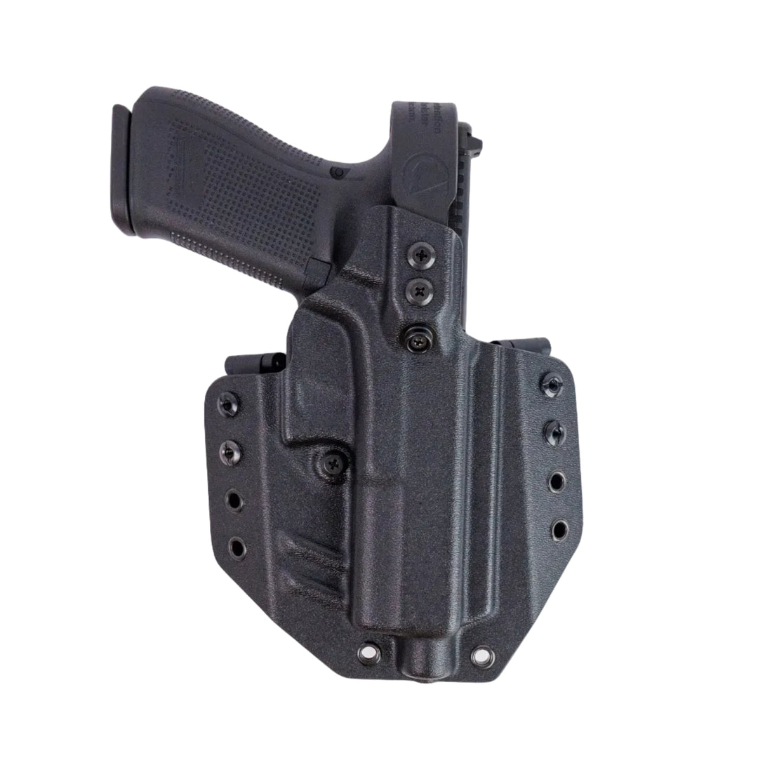 Black gun holster with a gun inside on a white background