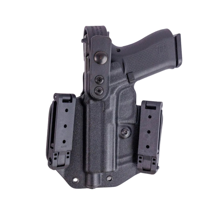 Black gun holster with a gun inside on a white background