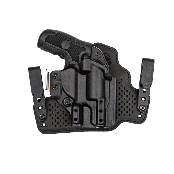 Right-handed Gradient Hybrid holster for Ruger LCR, featuring a full black shell and breathable black backer, equipped with polymer clips.
