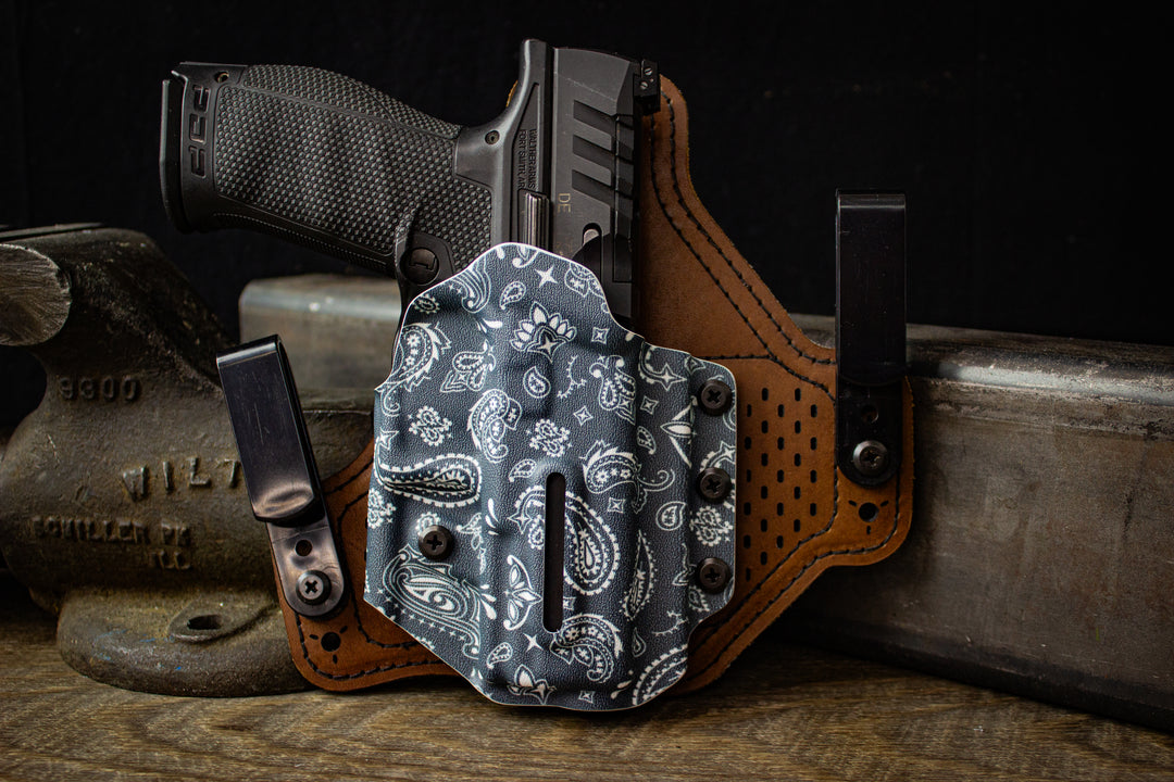 Dual Clip Protos-M holster for Walther PDP 4" in right-handed configuration, April 2025 Paisley print. Shown with firearm inserted and polymer clips installed.